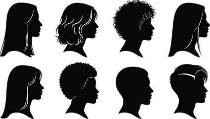 Female profile silhouette icon set with diverse hairstyles, side view head shapes, modern women portraits, beauty and fashion concepts, minimalist black vector illustration © Sophia Creatives