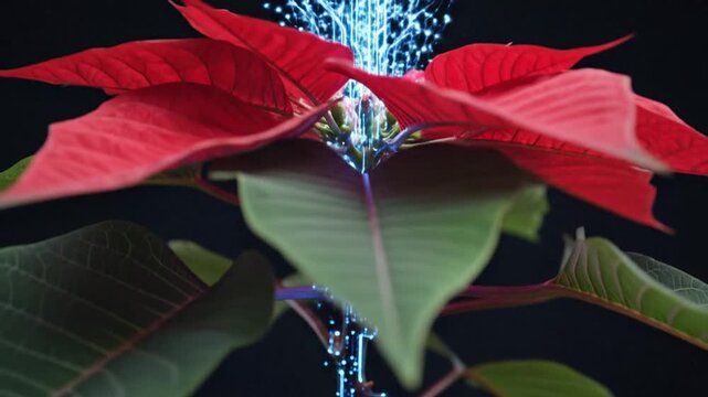 Close-up of red-tinged leaves with a vertical cascade of blue droplets against dark background now