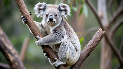 Fototapeta premium Adorable koala bear climbing tree branch in forest