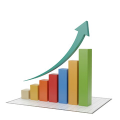 Colorful bar chart with upward green arrow on grid isolated on a transparent background