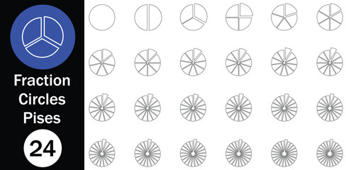Fraction circle icon. Circle divided into 1 to 24 parts. Fraction pie divided into pieces. Pie part or pizza slice. Outline circle chart for infographic. Vector illustration.