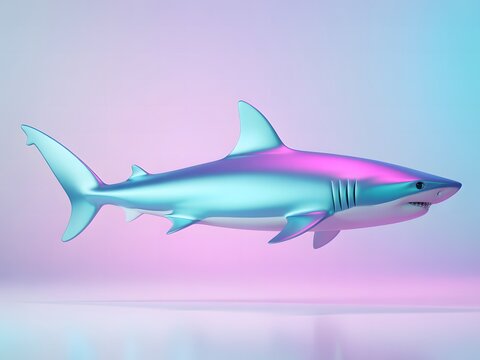 A surreal, iridescent shark rendered in 3D, shimmering with pink and blue hues against a gradient background.