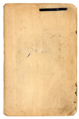Yellowed, worn book page with black ink bar, creases and stains