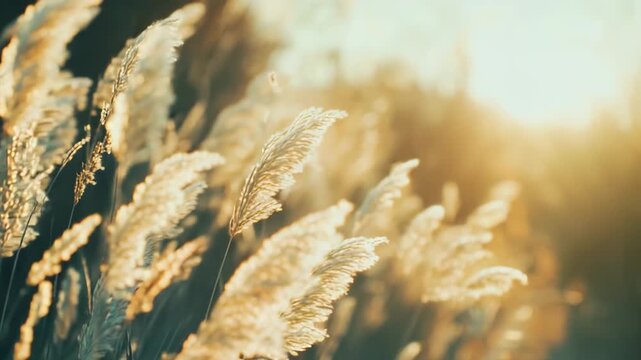 Tall pampas grass stalks catch the glowing golden light of a late afternoon sun, creating a soft and hazy natural background with a tranquil and peaceful outdoor atmosphere