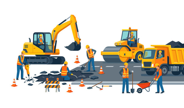 Road construction work with workers and heavy machinery