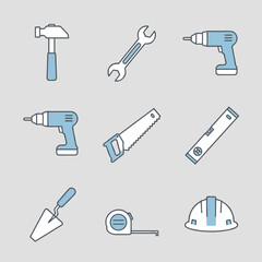 Construction and renovation hand tools icons set including hammer wrench drill saw level and safety helmet in clean flat vector line art style
