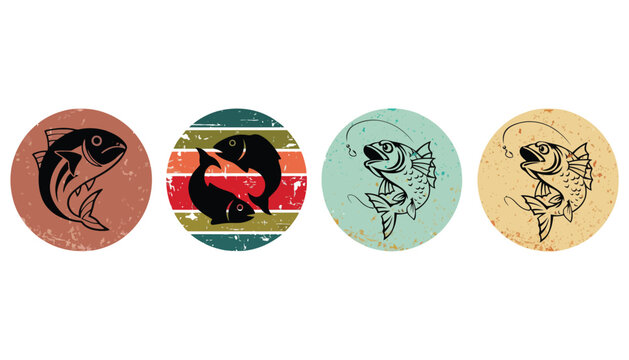 Four colorful fish illustrations on circular backgrounds with unique designs