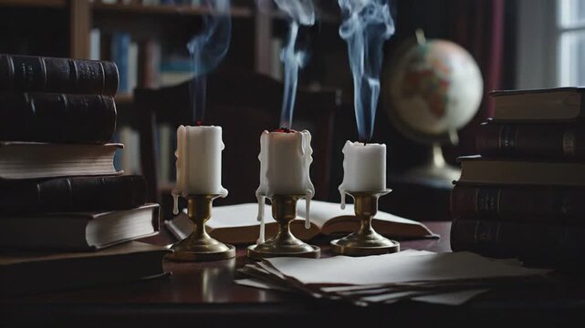 Dim study with three candles, aged books, parchment, brass candelabra, globe, swirling smoke. Quiet