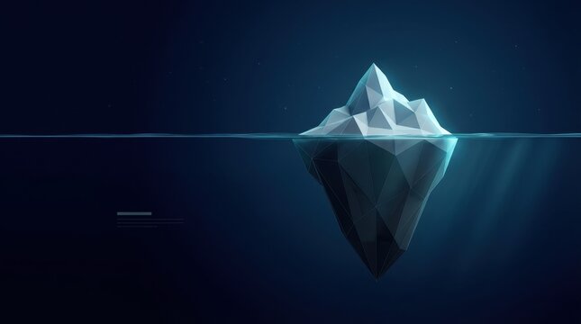 An iceberg floats serenely in the dark blue ocean waters, viewed from the side as sun rays penetrate the surface