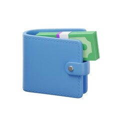 Blue wallet with green money and pink card inside isolated on a transparent background