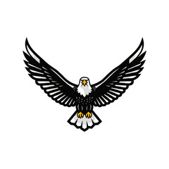 Obraz premium A black and white illustration of a bald eagle in mid-flight with outstretched wings on a white background.