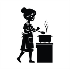 Vector Silhouette of a Happy Young Woman Cooking in a Pot on a Stove