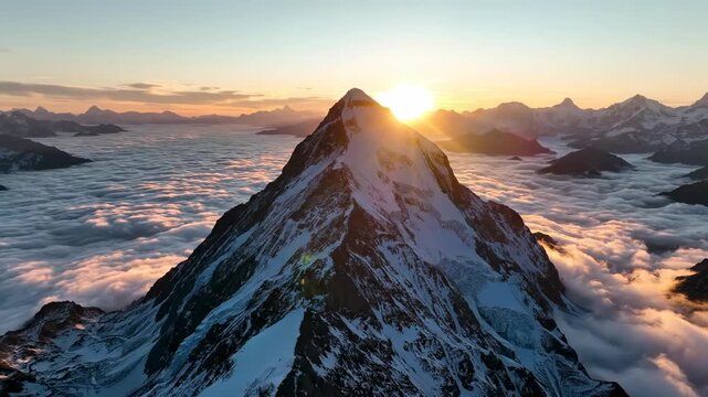 Sweeping aerial drone shot circling a massive rugged mountain peak piercing through a layer of ethereal fog during a brilliant morning sunrise symbolizing ultimate achievement scale, ultimate, travel