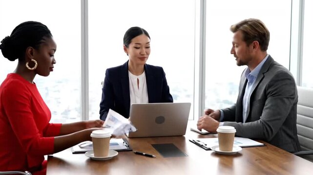 A professional business team of smiling colleagues and executives sits at an office table working together on laptops during a collaborative meeting focused on teamwork and communication