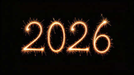 Sparkling 2026 written in glowing sparklers on black background