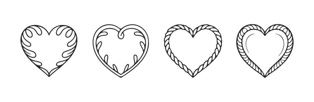 Four heart outlines featuring baroque leaf borders twisted rope and simple rounded framing elements