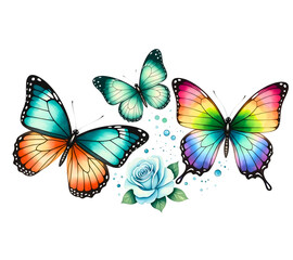 Obraz premium Colorful butterflies and blue rose isolated on transparent background
