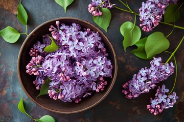vintage iron bowl filled with lilac flowers and fresh blooms on rustic iron surface