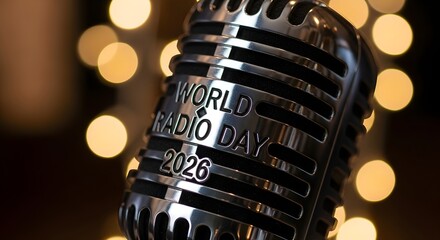 Vintage microphone with world radio day 2026 text and golden bokeh light