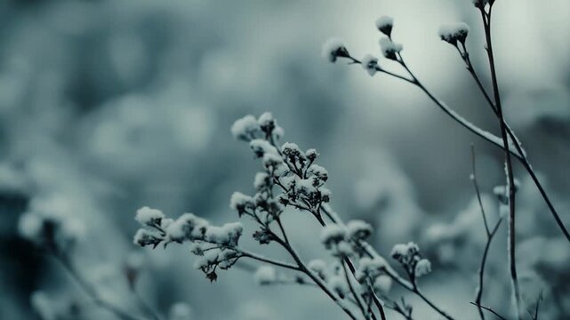 Delicate plant branches coated in fresh snow and ice, capturing a serene, frost covered winter scene of quiet resilience and fine textured detail in cold, muted light
