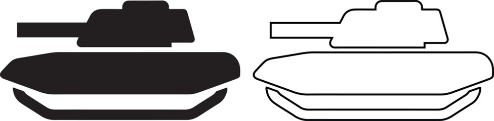 Obraz premium Military army tank vector icon set featuring solid black silhouette and simple linear outline styles for war machine logos and heavy armor battle vehicle symbols.