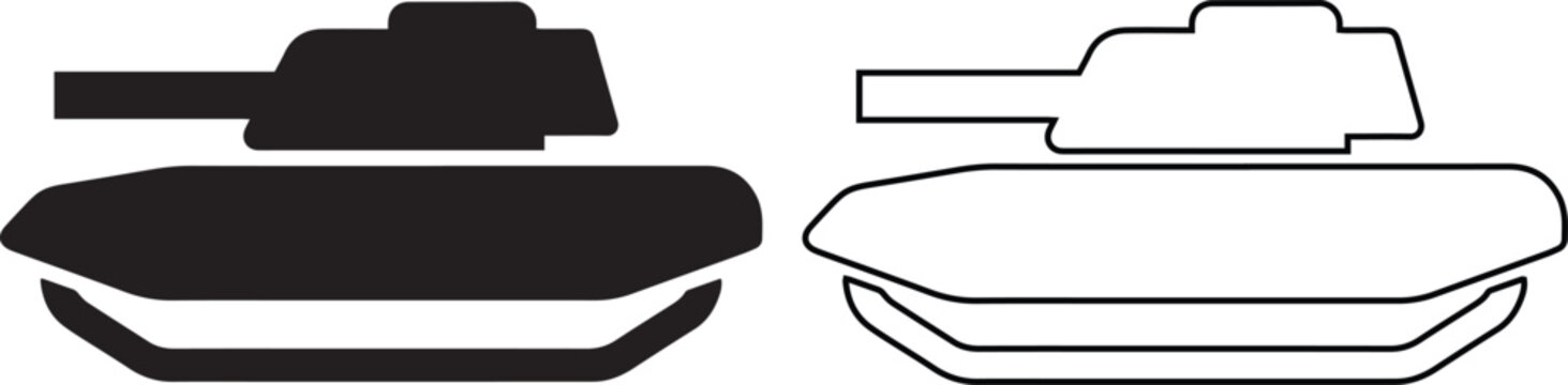Military army tank vector icon set featuring solid black silhouette and simple linear outline styles for war machine logos and heavy armor battle vehicle symbols.