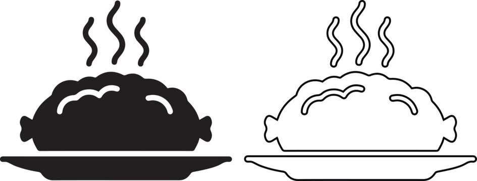 Hot meat pie vector illustration set featuring solid black silhouette and simple linear outline styles for traditional bakery menus, savory dinner meals, and delicious food symbols.