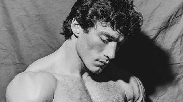 Homme au torse nu et aux cheveux boucl&eacute;s posant avec regard baiss&eacute; en lumi&egrave;re contrast&eacute;e noir et blanc