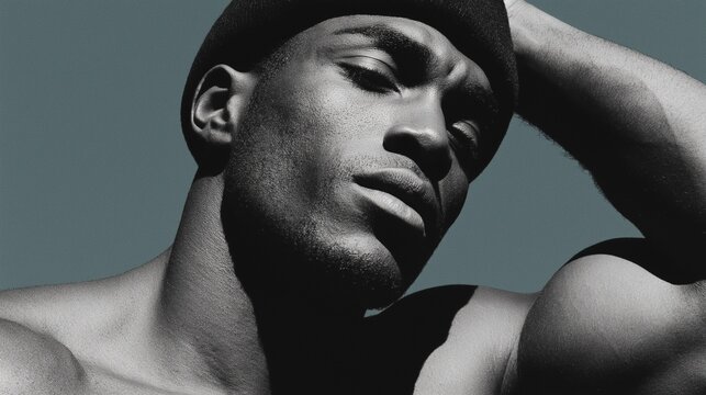 Portrait noir et blanc d&rsquo;un homme muscl&eacute; torse nu avec bonnet et regard intense