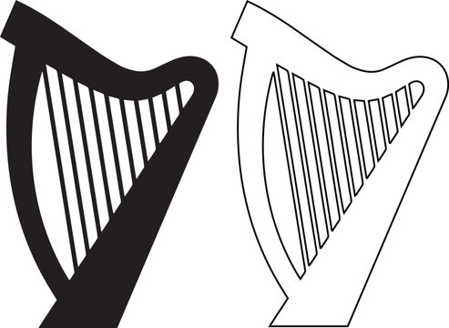 Classical harp vector icon set featuring solid black silhouette and simple linear outline styles for musical instrument logos, Celtic orchestra symbols, and acoustic concert signs.