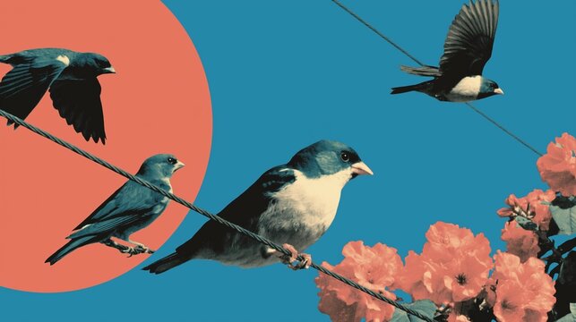 Oiseaux perch&eacute;s sur un fil &eacute;lectrique avec fleurs roses et grand soleil rouge