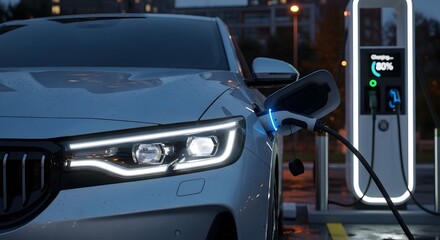 Fototapeta premium Electric car charging at station in evening, highlighting modern sustainable transport and green mobility