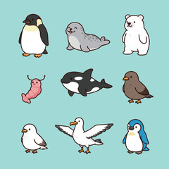 Obraz premium Arctic and Antarctic Animal Character Collection with Polar Bear Penguin Seal Whale and Sea Birds in Cute Flat Vector Style for Kids Education