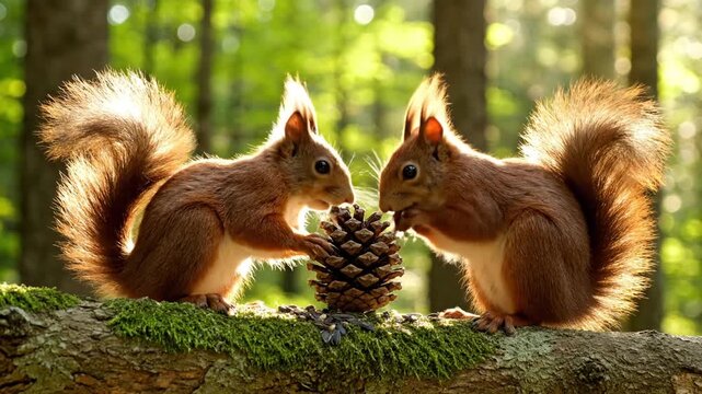 Two red squirrels face each other on a mossy log, a pine cone centered as sunlit woods smile nearby!