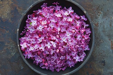 iron bowl filled with lilac flowers and fresh blooms on rustic iron surface