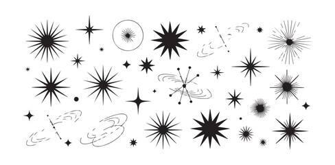 Mid century modern space age star shapes and cosmic bursts in minimalist outline style © FARJANAAKTER