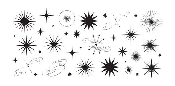 Mid century modern space age star shapes and cosmic bursts in minimalist outline style