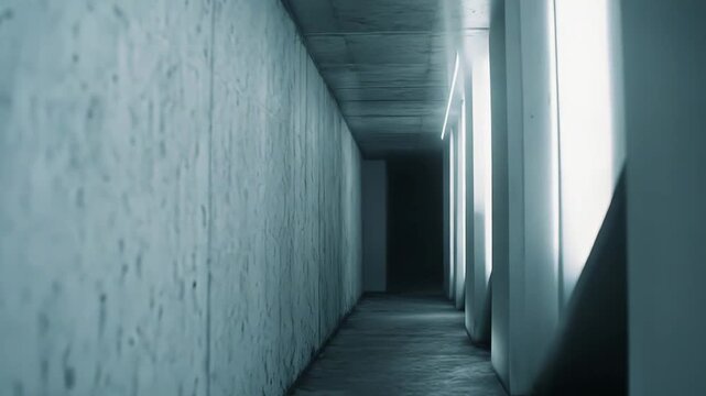 Long concrete corridor featuring a moody blue light, extending into a vanishing point, conveying concepts of mystery, uncertainty, and an unknown path forward