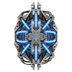 Futuristic glowing blue energy core with intricate metallic structure, symmetrical sci-fi design, neon light emission, high-tech interface