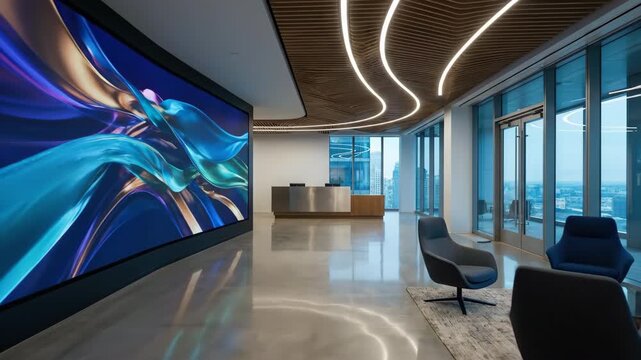 Contemporary office reception area featuring a massive led display with dynamic abstract art, stylish lounge seating, and panoramic city views, perfect for modern business and technology content.