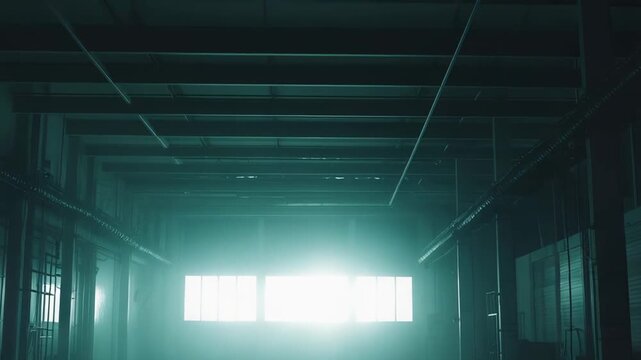 Industrial warehouse interior featuring a vast concrete floor and bright light shining through windows, creating a mysterious and atmospheric ambiance