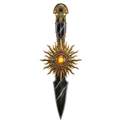 Elegant ornate dagger with golden sunburst hilt and black marble grip, fantasy weapon design