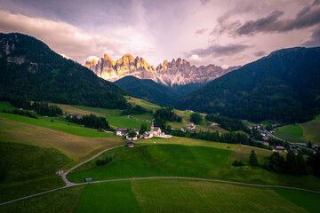 The Odle peaks in the Dolomites at sunset