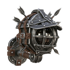Steampunk-inspired armored helmet with riveted metal plates, leather straps, and feathered accents in detailed close-up