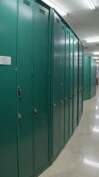 Long hallway lined with rows of teal metal lockers in a school or gym