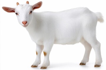 Fototapeta premium Small white goat standing on a plain background