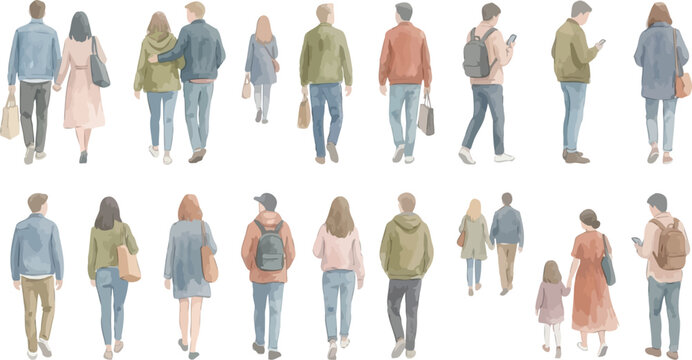 Hand drawn watercolor illustration, watercolor people walking set, casual urban men and women illustration collection