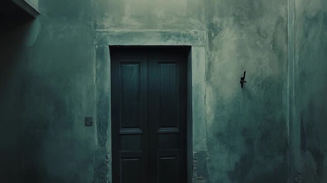 Dark wooden double door framed by textured greyish green walls, suggesting mystery, hidden paths, and the passage of time within an old, somber building