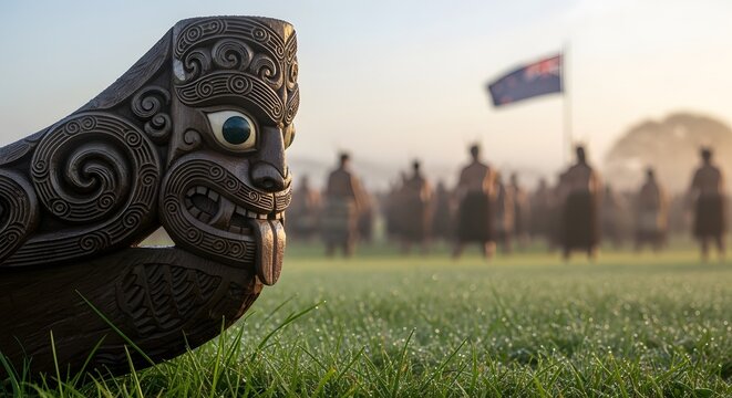 Maori carving closeup, new zealand flag and cultural gathering