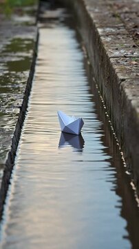 A solitary white paper boat floats down a narrow concrete channel of water